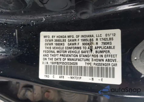 2012 Honda Civic Lx from USA, damaged, VIN 19XFB2F55CE034028